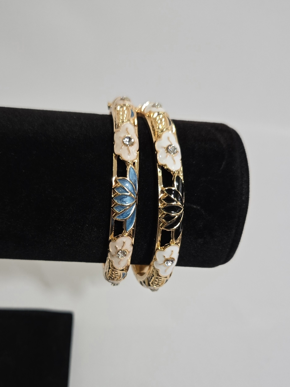 Natasha Couture Gold Floral Enamel Bangle Bracelet - Blue, Black & White #1068